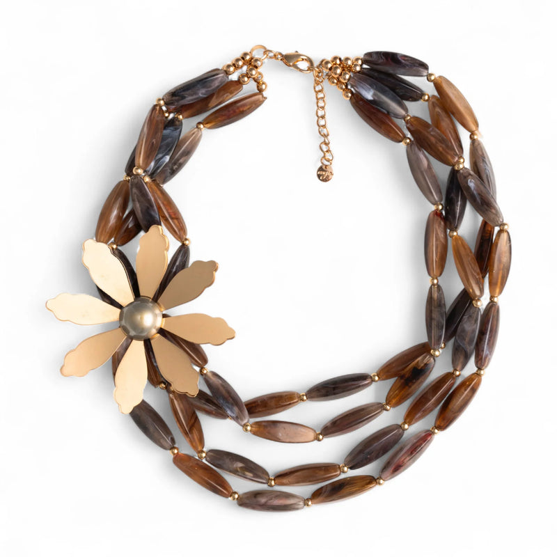 Mya Accessories Collana girocollo multifili con pietre in acrilico dalle nuances marroni con fiore in metallo