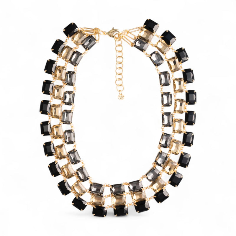 Collana girocollo a tre linee con pietre in vetro sui toni del nero, grigio e topazio