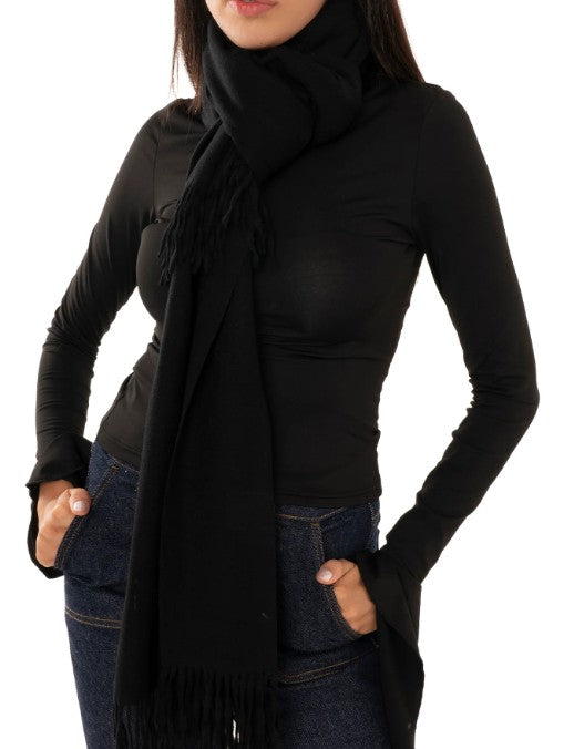 Mya Accessories Sciarpa in cashmere a tinta unita nera con frange