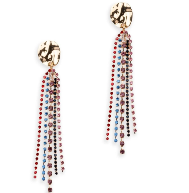 Mya Accessories Orecchini pendenti con placchetta circolare con fili di strass multicolore