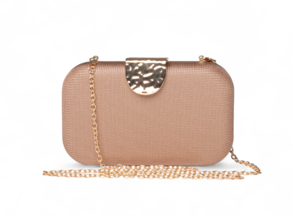 Mya Accessories Borsa in tessuto beige rigida, chiusura con placchetta in metallo