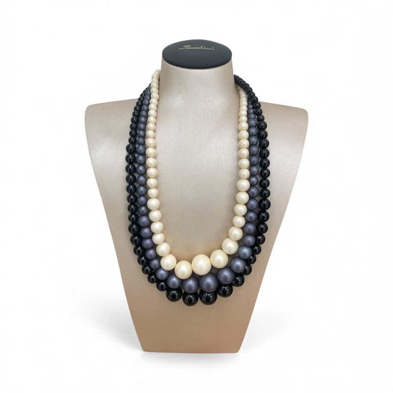 Collana F11061 girocollo multilinee con sfere in acrilico nero grigio crema