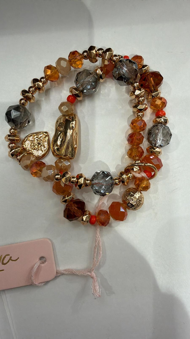 Mya Accessories Bracciale elastico a tre linee con pietre in vetro ed acrilico tono arancio G10033