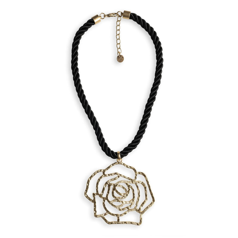 Mya Accessories Collana girocollo a laccio nero con pendente a forma di rosa in metallo satinato