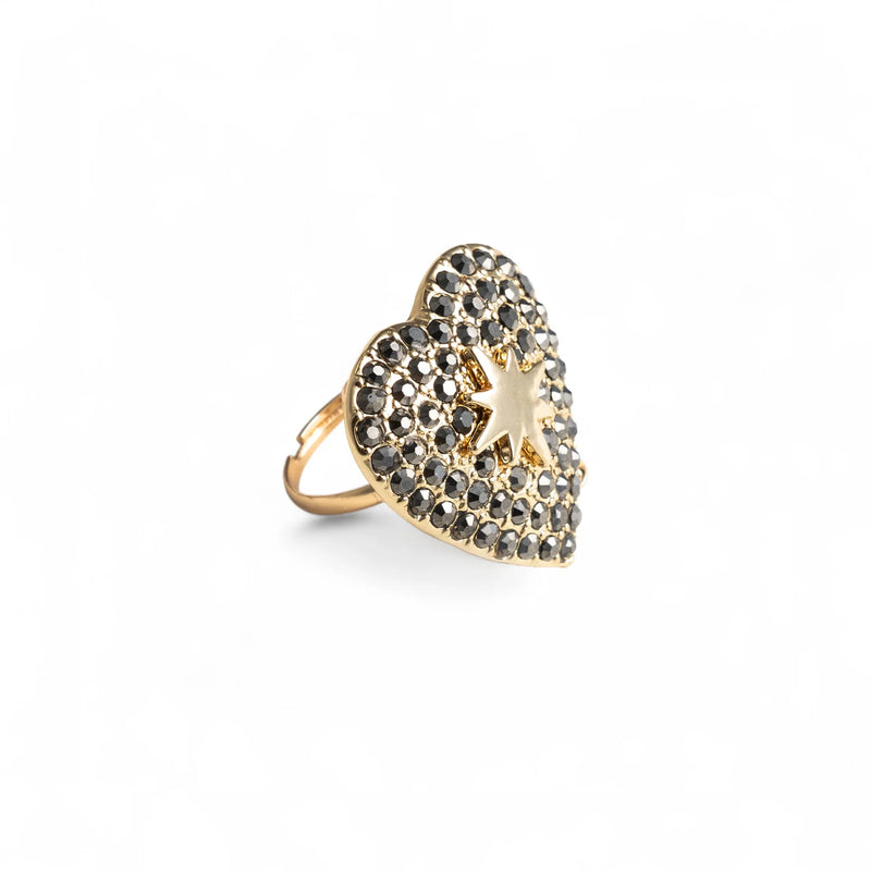 Mya Accessories Anello regolabile in metallo con base a cuore, con pietre in vetro grigie