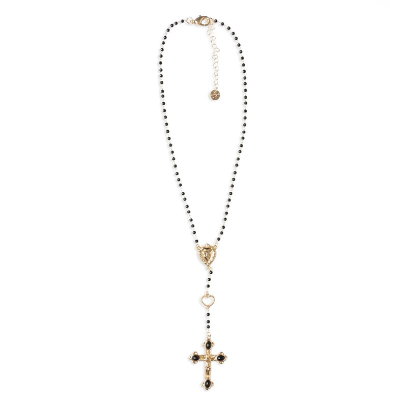 Mya Accessories Collana a rosario con pietre in acrilico nere e pendente a croce in metallo