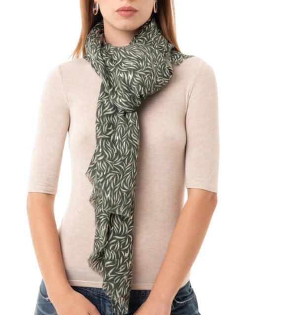 Mya Accessories Sciarpa in cotone verde con stampa a foglioline bianche ed oro