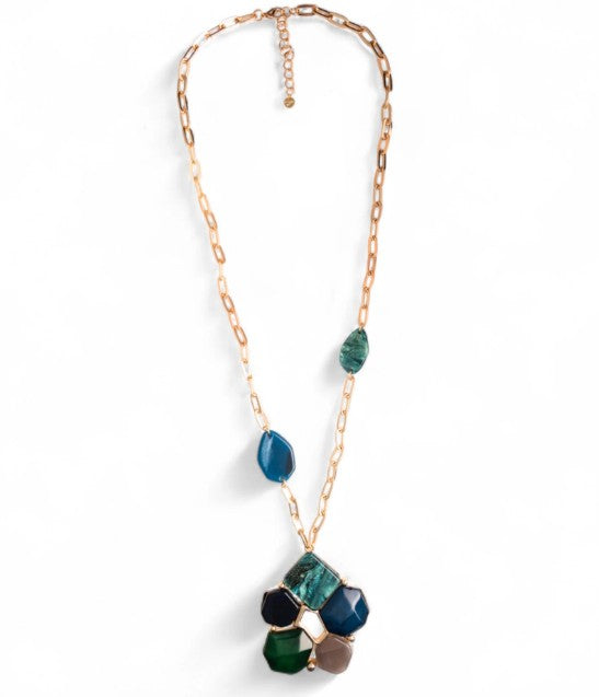 Collana lunga a catena con pendente a forma di fiore in acrilico e resina tono blu