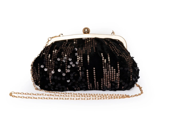 Mya Accessories Borsa pochette in velluto nero con paillette nere ed oro