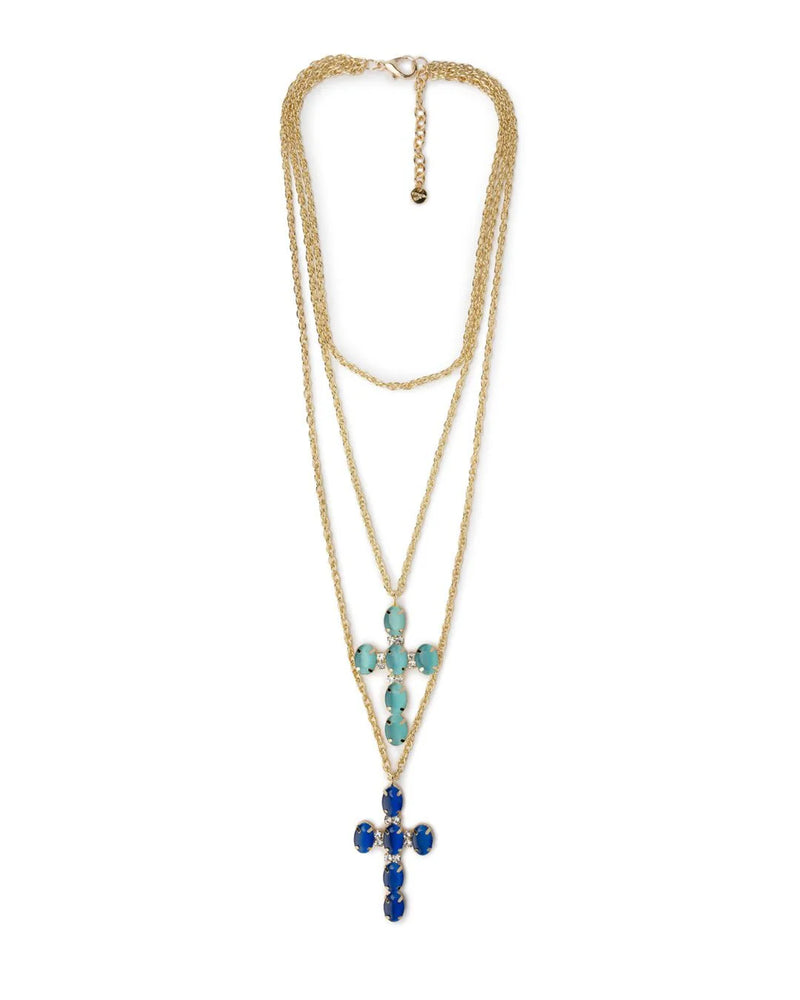 Collana con Tripla Catena in Ferro con Doppia Croce in Vetro Celeste e Blu